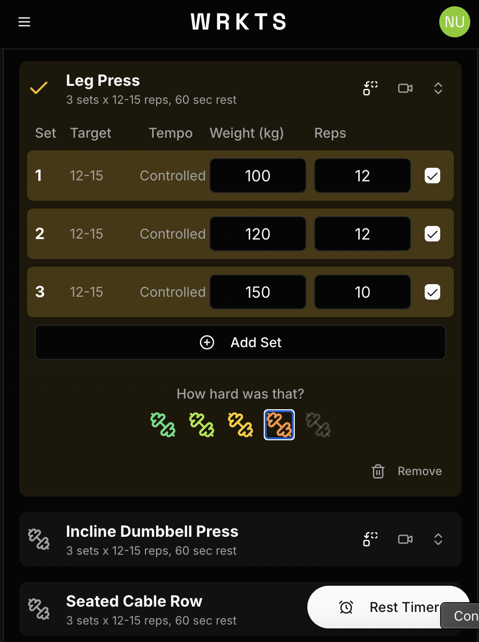 Screenshot of the app's progress tracking screen, displaying charts for workout volume and performance.